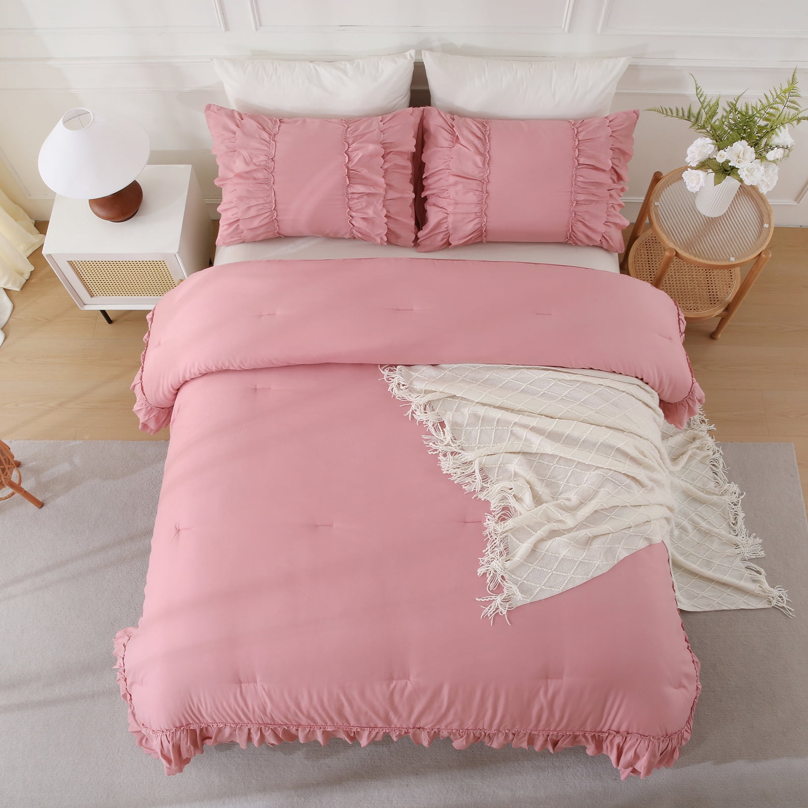 Ruffle Comforter Set Queen Size,Shabby Chic Boho Bedding Sets, Soft Fluffy Comforter Sets for All Season,Vintage Ruffled 3 Pcs Microfiber Lightweight Quilt Set for Home Decor