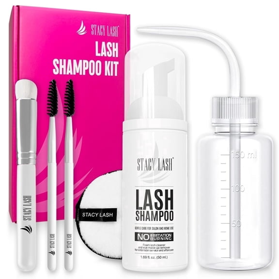 STACY LASH Lash Shampoo Kit Foaming Cleanser Eyelash Grooming Kit Includes Eye Lash Spoolies, Rinse Bottle, Cleansing Pad