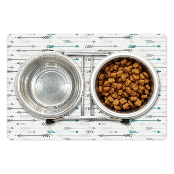 Teal Pet Mat for Food and Water, Retro Arrow Pattern in Horizontal Line Heading to Opposite Directions Art Print, Non-Slip Rubber Mat for Dogs and Cats, 18" X 12", by Ambesonne