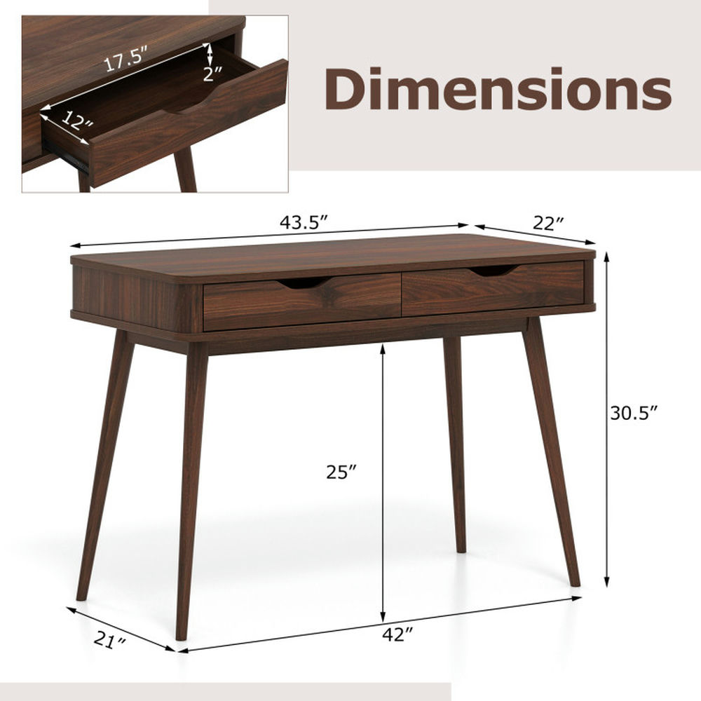 Demi Bonn 43.5" Computer Desk with 2 Drawers for Small Spaces, Home Office Desk Study Writing Table, Brown