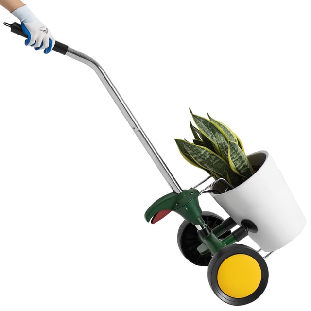 VEVOR Chariot pour Pot de Jardin Robuste, Chariot pour Plante en Pot avec Poignée Réglable Transportant une Plante en Pot Blanche avec Feuillage Vert et Jaune. Comprend une Poignée en tube d'Acier Nickelée, une base Verte et des Roues Pivotantes Jaunes à Verrouillage pour une Utilisation Intérieure et Extérieure Fluide. Convient au Déplacement de Plantes, de Cruches d'Eau et de Boîtes de Livraison.
