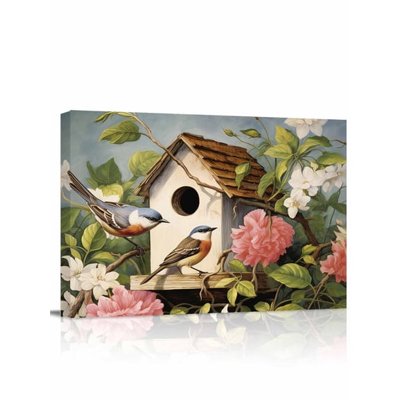 Vintage Birdhouse Wall Art for Living Room,Canvas Picture Wall Decor for Bathroom Bedroom,Spring Floral Birds Botanical Painting Artwork for Office Kitchen Hallway Dining Room Home Decor 12"x16"