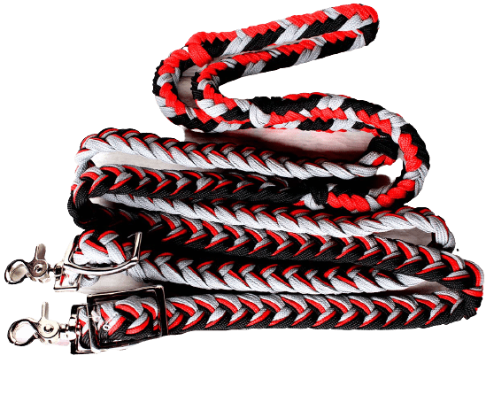 Horse Roping Knotted Tack Western Barrel Reins Nylon Braided Red Black 607196