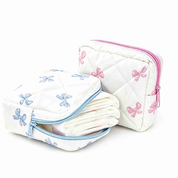2Pcs Cute Bow Print Quilted Sanitary Pad Storage Bag, Zippered Portable Period Pouch, Small Makeup Coin Purse for Women Girls