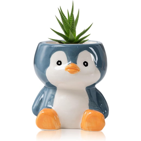 Cute Animals Planter, Mini Ceramic Cartoon Animal Shaped Succulent Flower Pot Indoor Air Plants Holder, Smooth Shiny Decorative Flower Cactus Planter - Plants Not Included (Penguin)