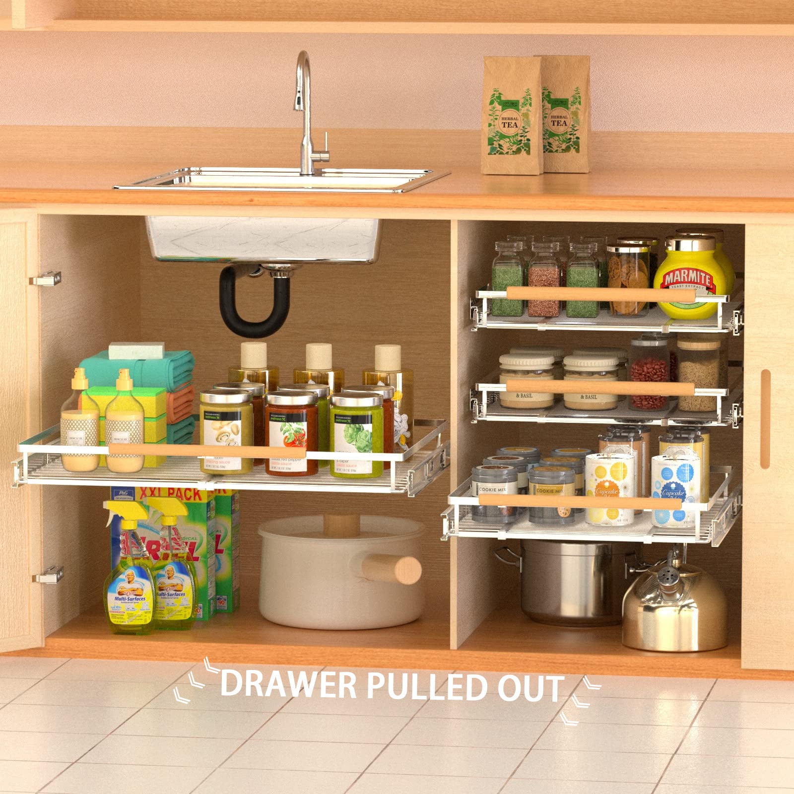 SANNO Pull Out Drawer Cabinet Organizer, Expandable Slide Out Storage  Shelves - Heavy Duty, for kitchen Cabinets, Under Sink and Wardrobe,  Opening Size Required 12.2~18.5 1 Pack 