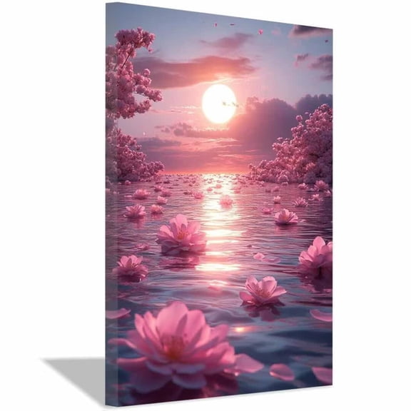Mudket Pink Lotus Cherry Blossom Sunset Canvas Wall Art, Framed Ready to Hang, Floral Landscape Wall Decor for Living Room Bedroom - 12"L x 8"W