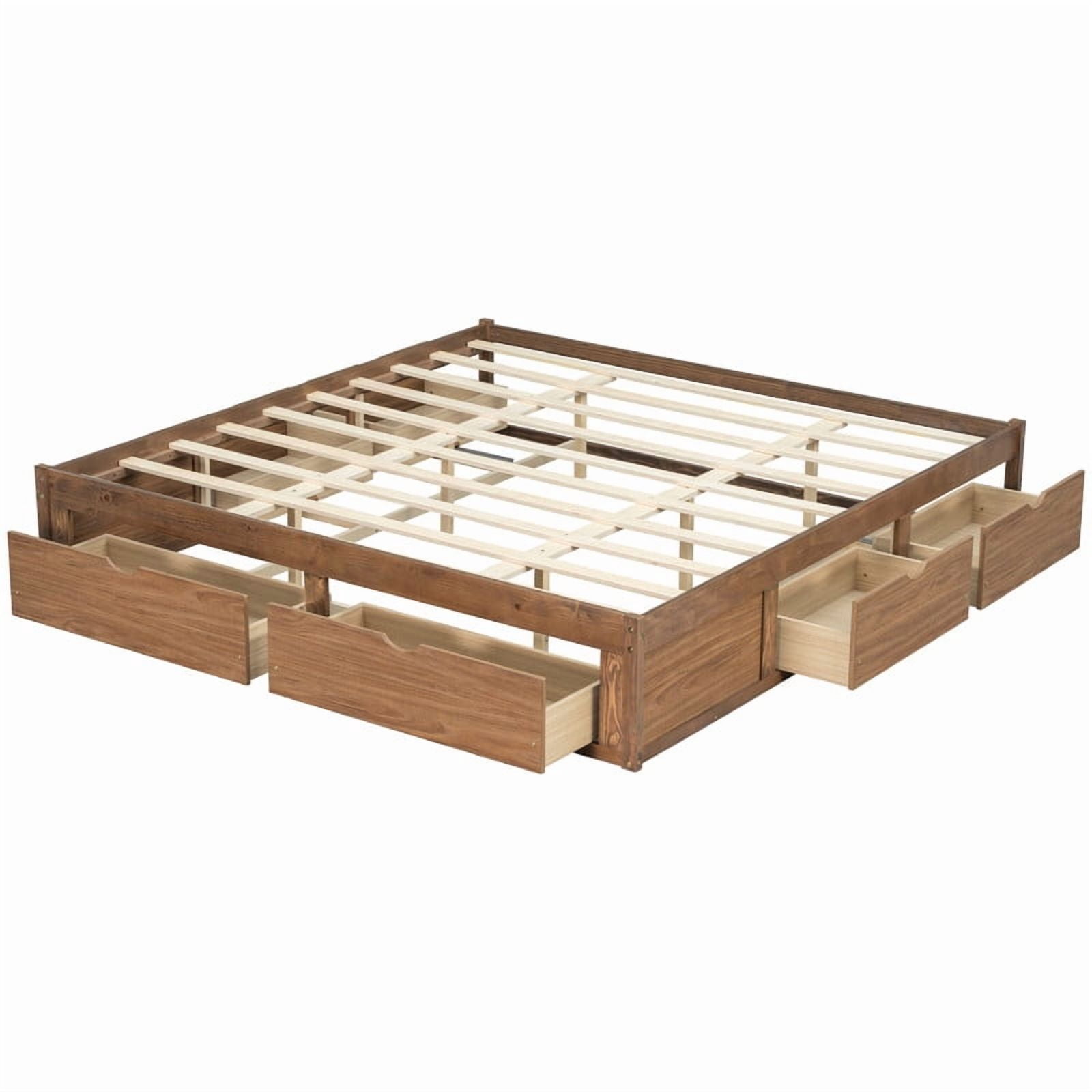 Queen/King Size No Box Spring Required Platform Bed with No Headboard, Wooden Storage Bed Frame with 6 Drawers