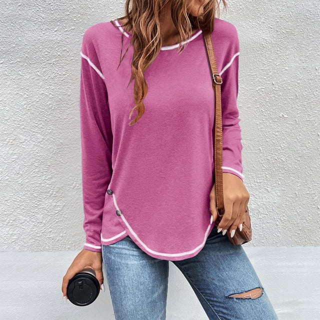 AherBiu T-Shirts à Manches Longues pour Femmes Col Ras du Cou Décontractés Amples T-Shirts Mode Tunique d'Automne Hauts Basiques Tee Blouses