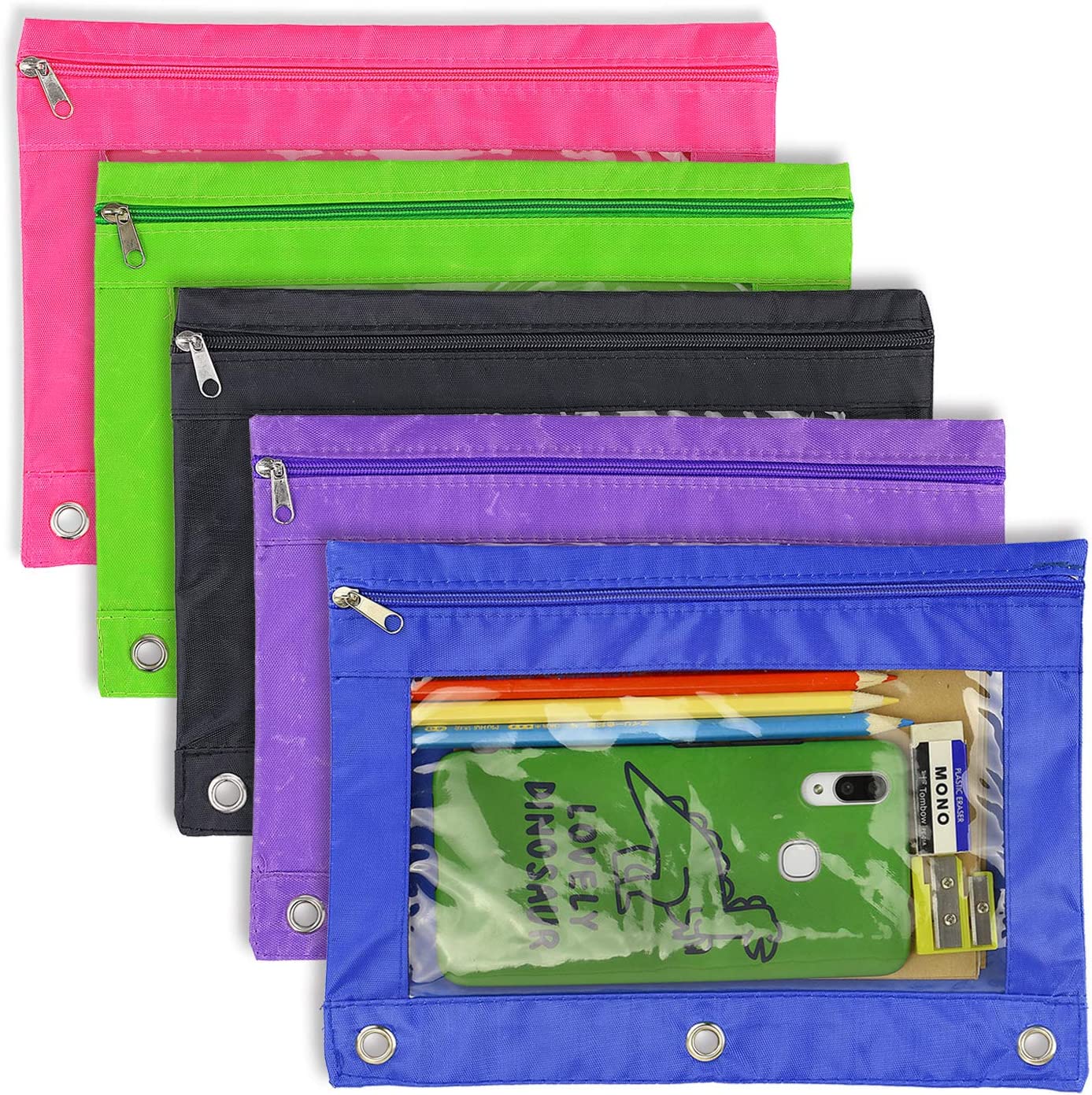 5 packs Pencil Pouch 3 Ring Zippered Binder Pencil Case Bag Transparent