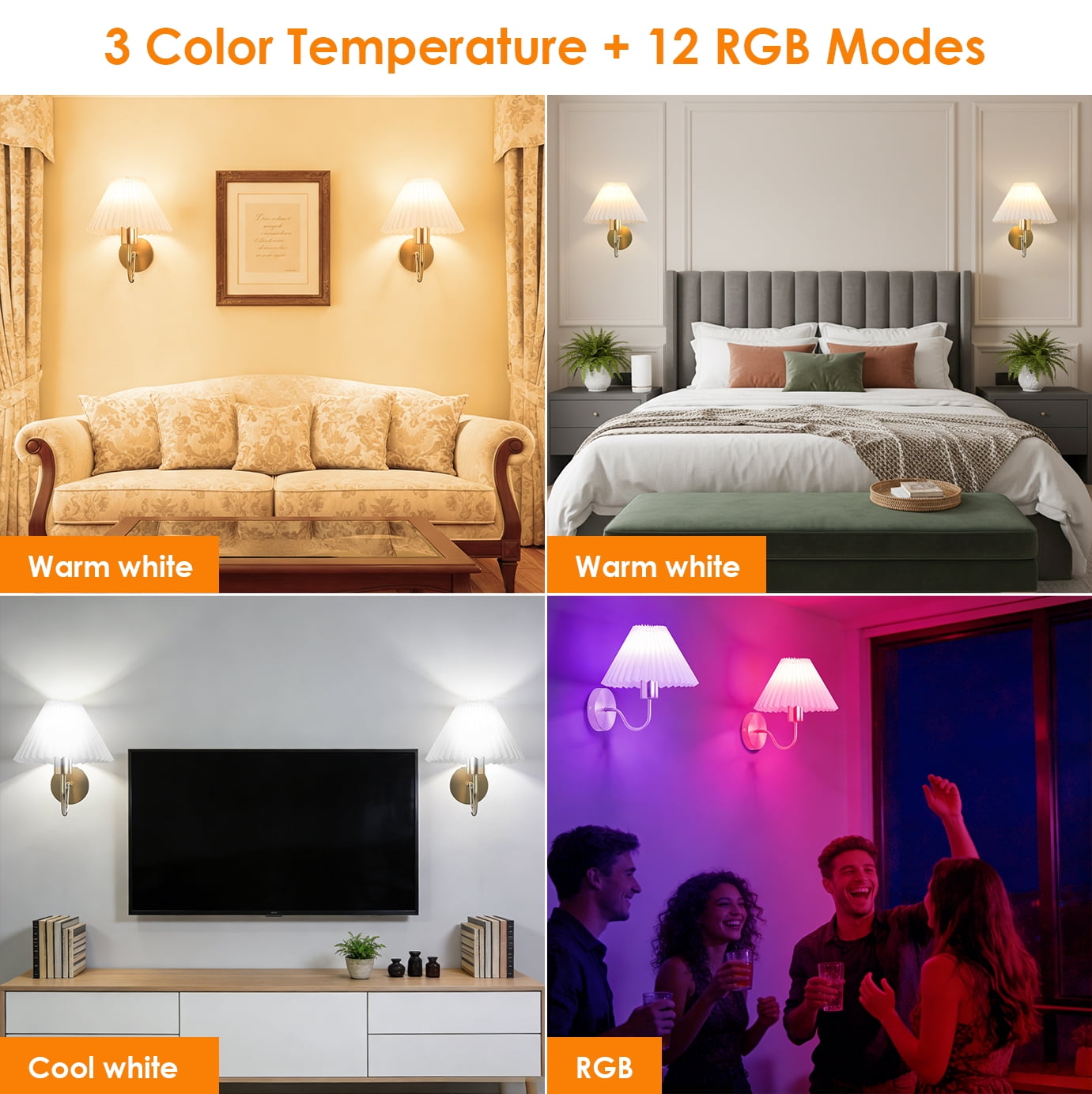 DAYBETTER Battery Operated Wall Sconces Set of 2, Cordless Rechargeable 3 Color Tems & RGB Warm Lamp, Dimmable Remote Night Light for Bedroom