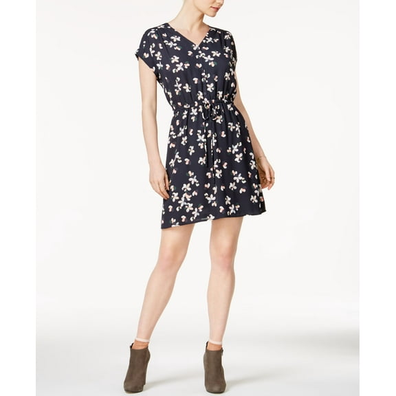 Maison Jules Womens Drawstring Floral Print Babydoll Dress Navy L