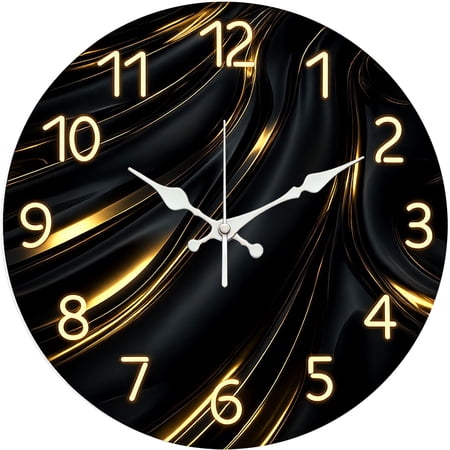 Hoease 10 Inch Silent Wall Clock, Black Gold Fluid Silk Modern Decorative Wall Clock, Battery Operated Non-Ticking Round Clock for Living Room Bedroom Luxury Home Decor