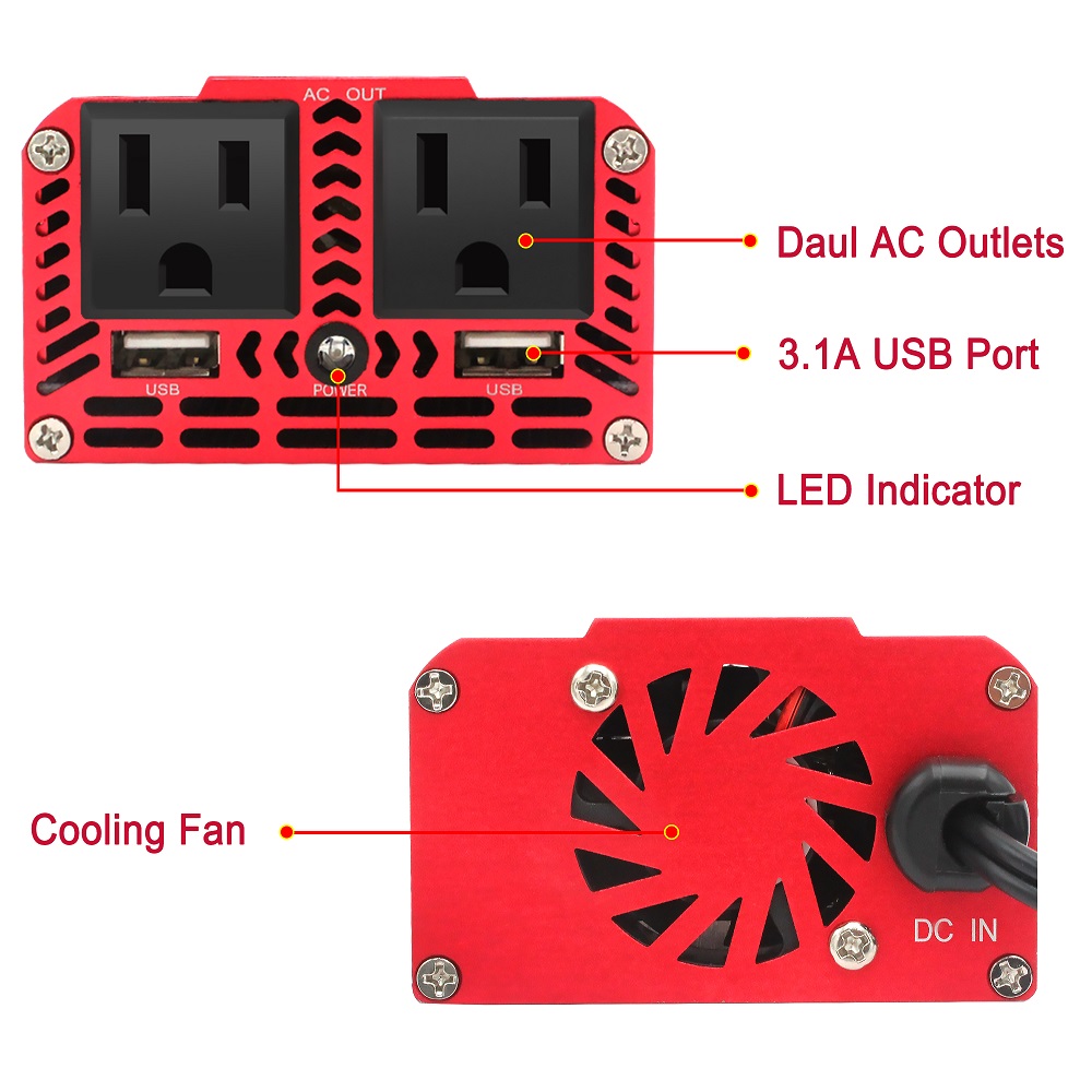 LVYUAN 300W DC 12V to AC 110V Power Inverter Car Converter Charge Adapter 2USB 2AC for Laptop, Computer, Car, RV, Camping & Home Red