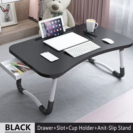 PHANCIR Foldable Lap Desk  23.6 Inch Portable Wood Laptop Desk Table Workspace Organizer Bed Tray with iPad Slots  Cup Holder and Drawer  Anti-Slip for Working Reading Writing  Eating  Watching-Black