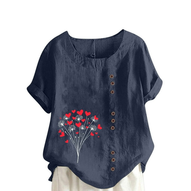Vestidos Casuales Para Mujer, Blusas De Mujer De Moda Blusa informal de lino con cuello redondo, manga corta y botones para mujer