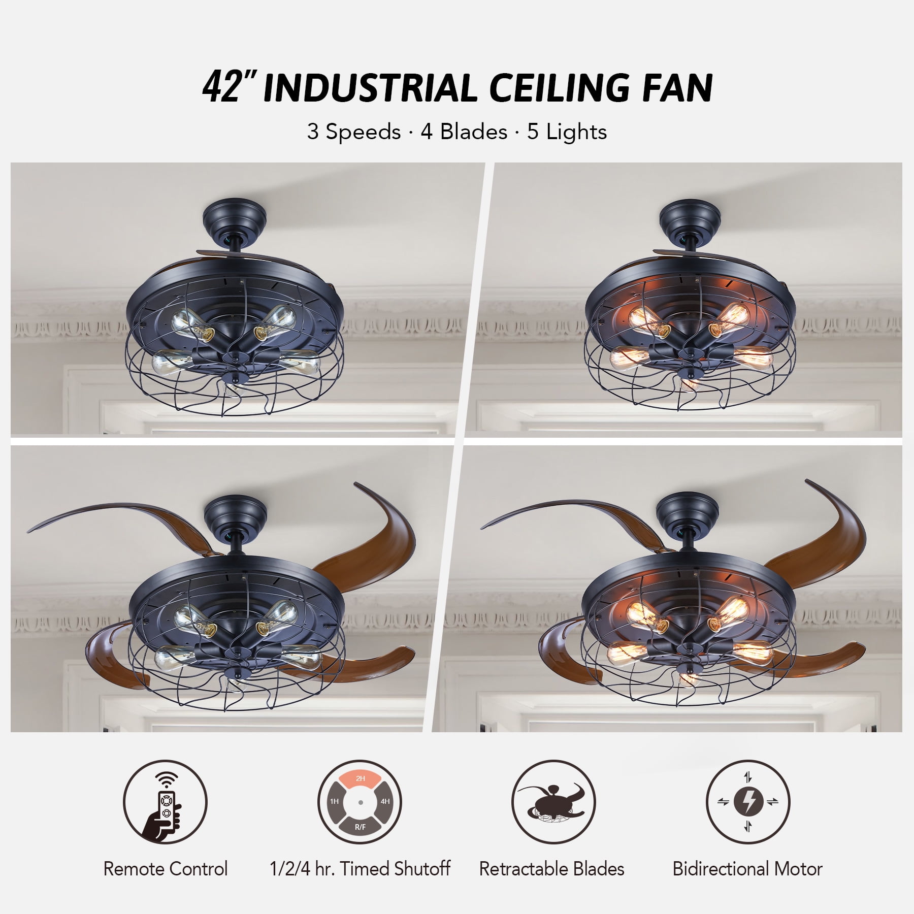 Bestco 42" Ceiling Fan and Lighting with 5 Sockets Remote Control Timer 4 Hidden Blades