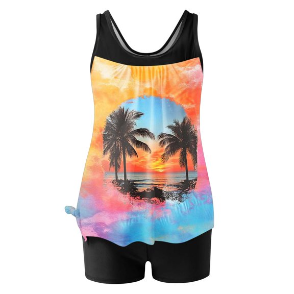 Htigea 2 Piece Swimsuits for Women Hawaiian Print Swim Tops and Boy Shorts Bathing Suits Tummy Control Modesty Swimwear Sets 001 Multicolor,S