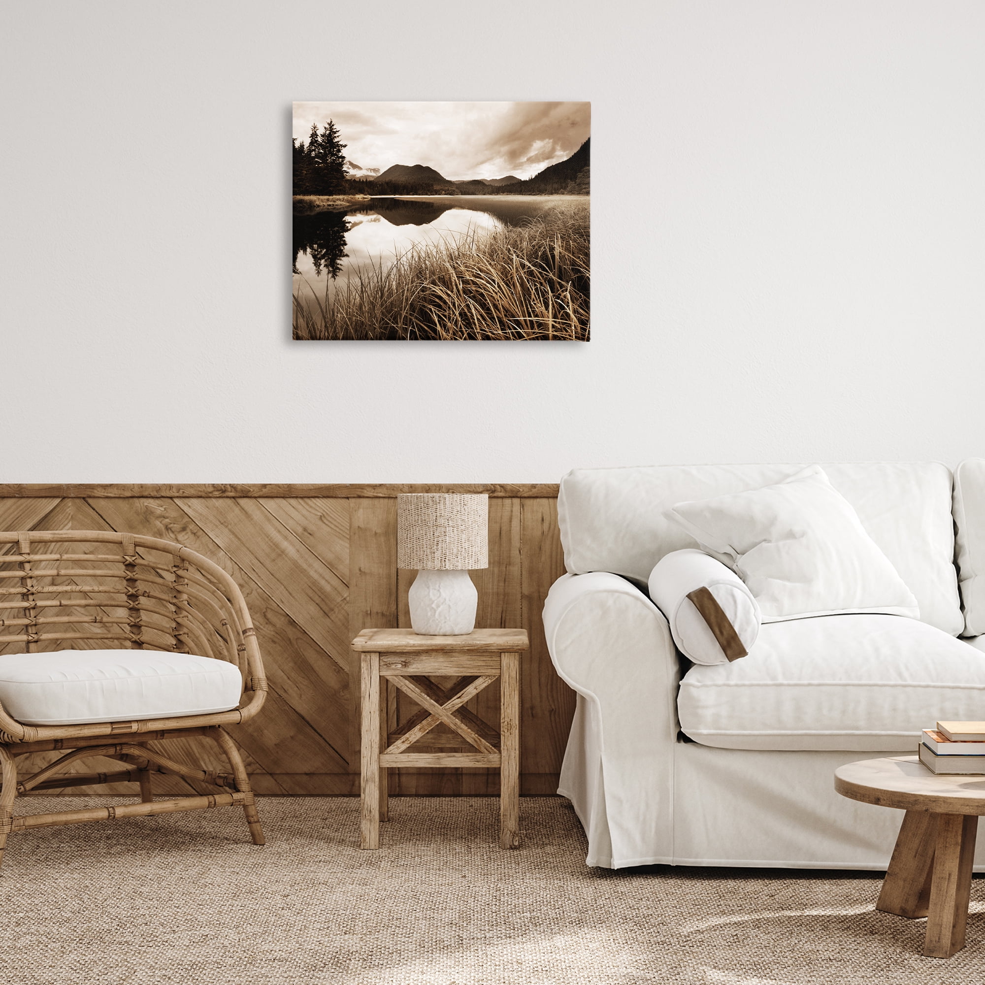 Stupell Industries Sepia Lake Reflection Landscape Photography Gallery Wrapped Canvas Art Print Wall Art, 30 x 24