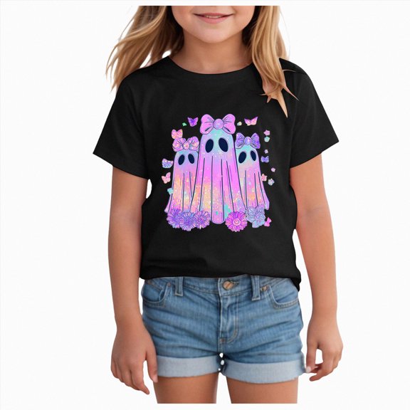 CAICJ98 Halloween Shirt for Girls Ghost Pumpkin Tshirt Short Sleeve Tee Tops Spooky Season Fall Clothes Toddler Halloween Shirt (Black,12-13 Years)