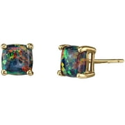 ORAVO 1 ct Cushion Cut Created Black Opal Stud Earrings in 14K Yellow Gold