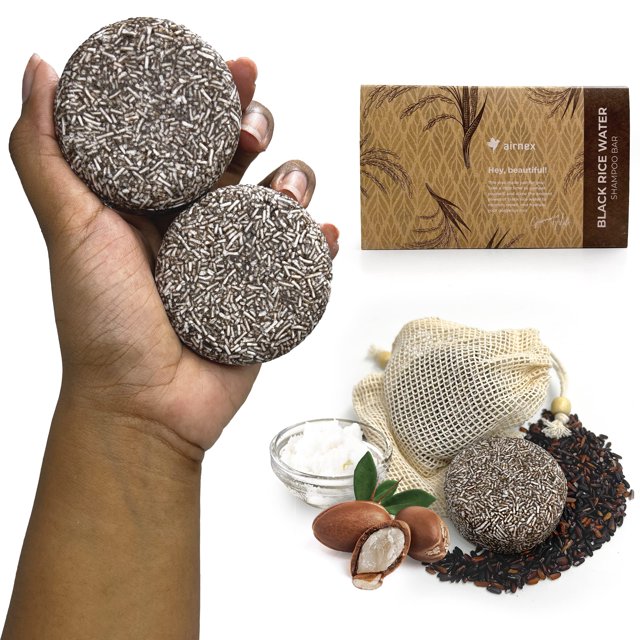AIRNEX Champú de agua de arroz negro – Agua de arroz fermentada aceite de argán y manteca de murumuru para el crecimiento del cabello humedad y brillo – Juego de 2 barras + bolsas de algodón – Sin sul