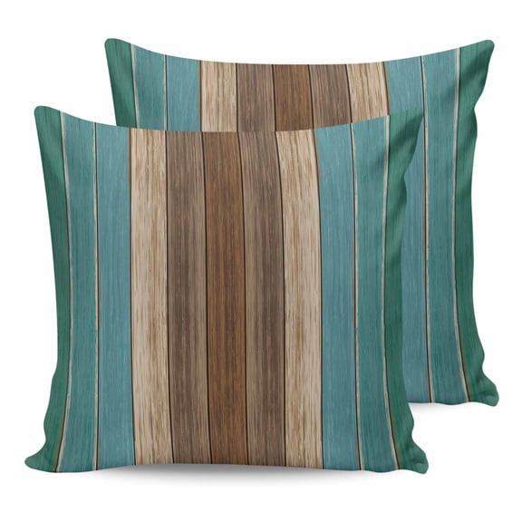 14x14 Pillow Covers Set of 2, Teal Blue Brown Throw Pillow Covers Decorative Couch Cushion Case, Farmhouse Retro Wooden Grain Stripes Microfiber Square Pillowcases for Bedroom Car Living Room