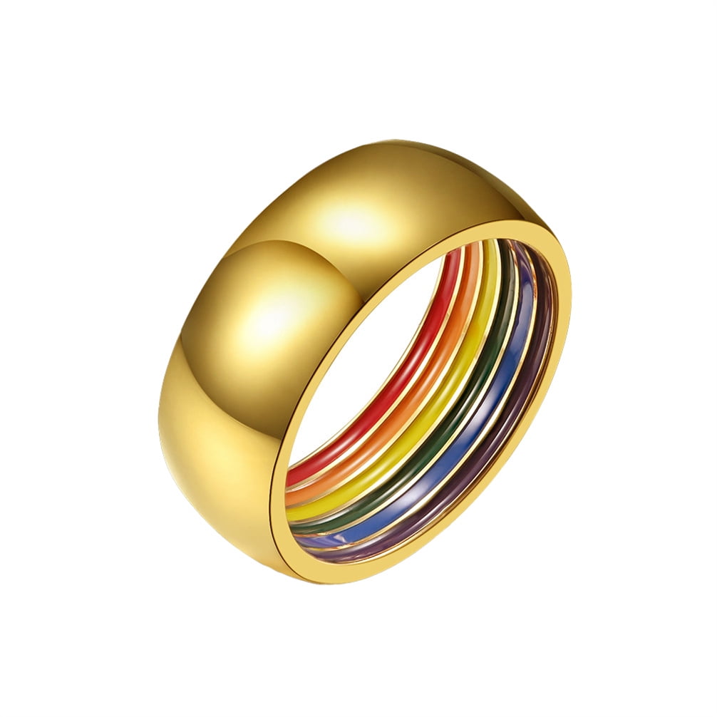 HIRPLIS Rainbow Pride Rings for Men Women LGBTQ Enamel Stripes Couple Stainless Steel Band Colorful Dainty Personalized Gift Jewelry Gold Plated 10