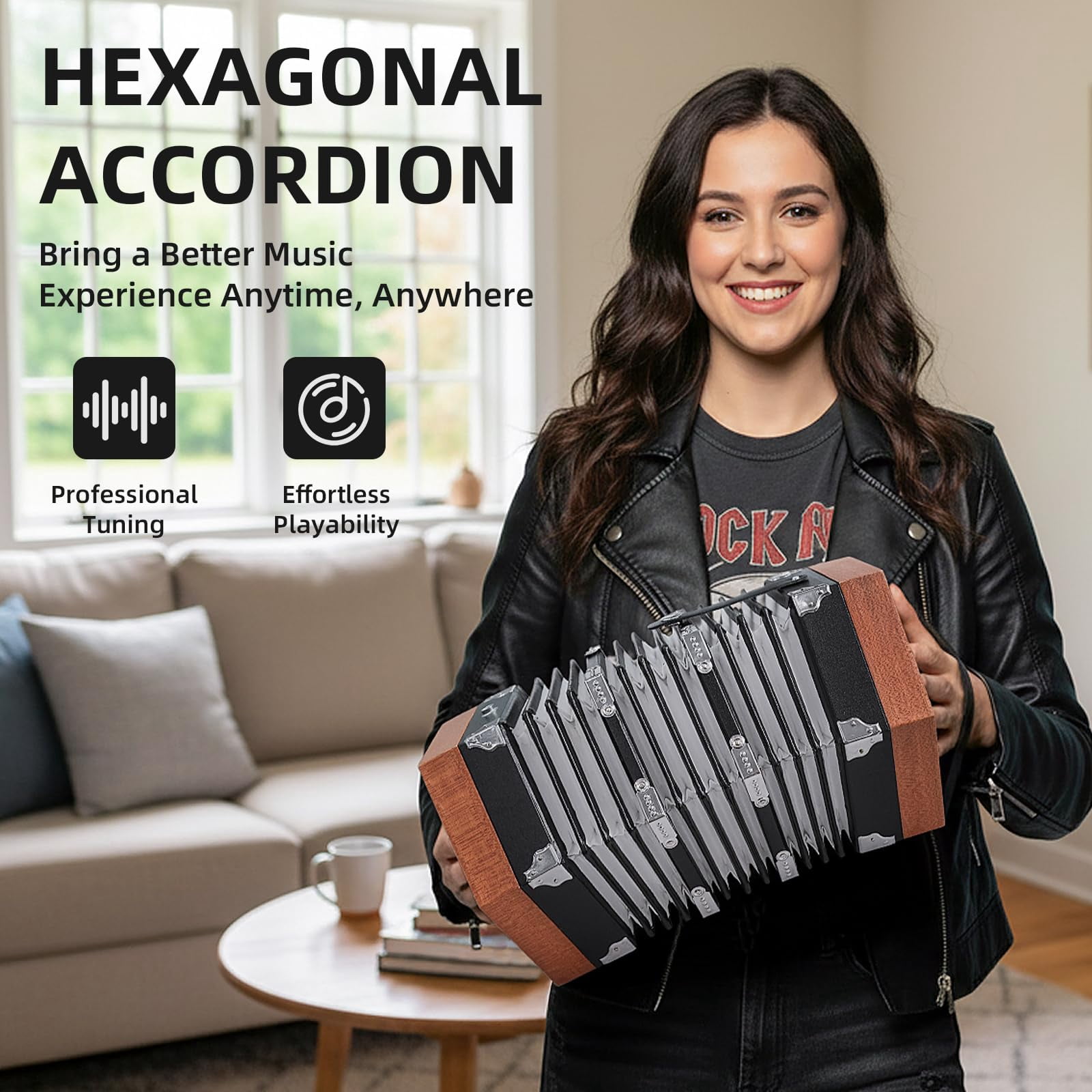 Rowadtim 20-Key Wood Concertina Accordion for Adults, Professional Beginner Instrument with Adjustable Hand Straps and Full Accessories