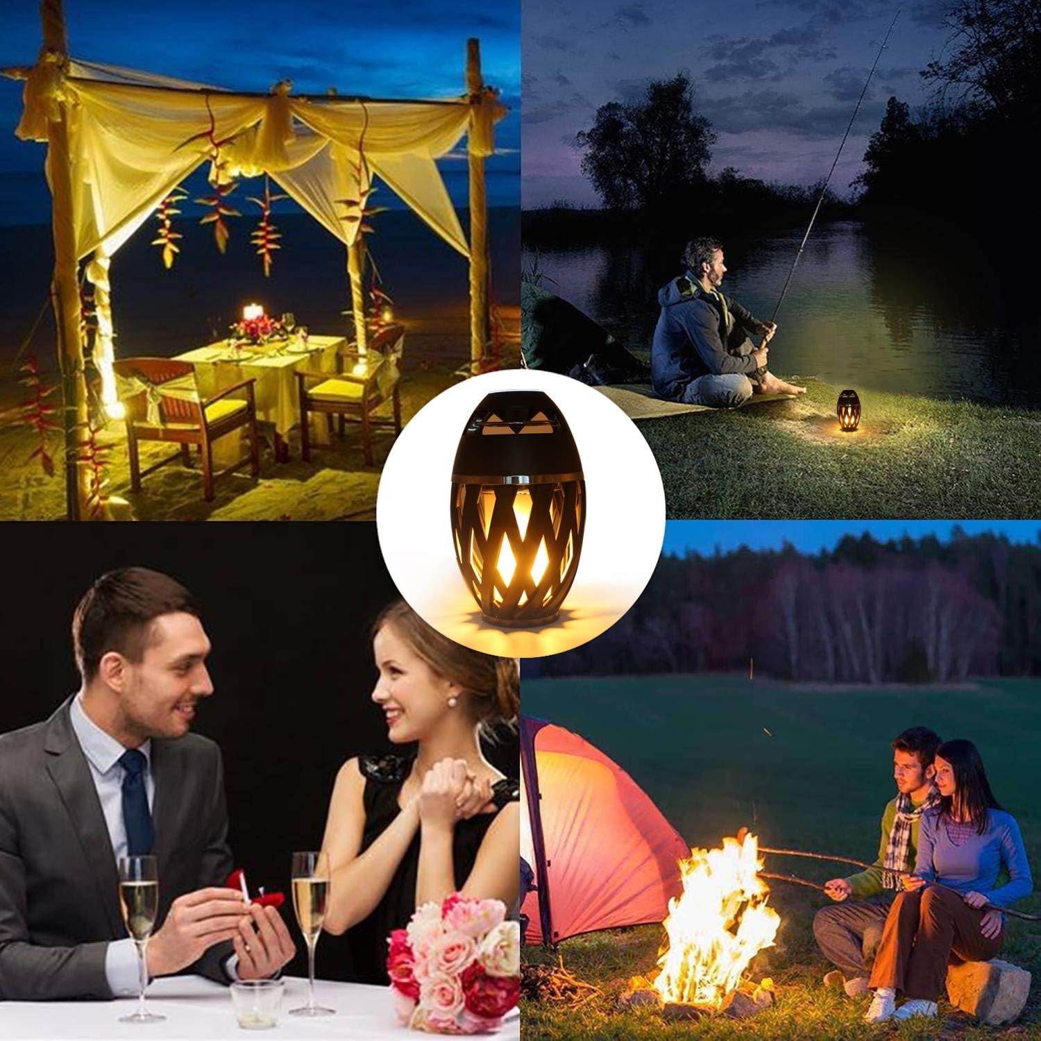 Portable LED Flame Lamp Effect Camping Bulb Flicker Bluetooth Speaker Stereo 