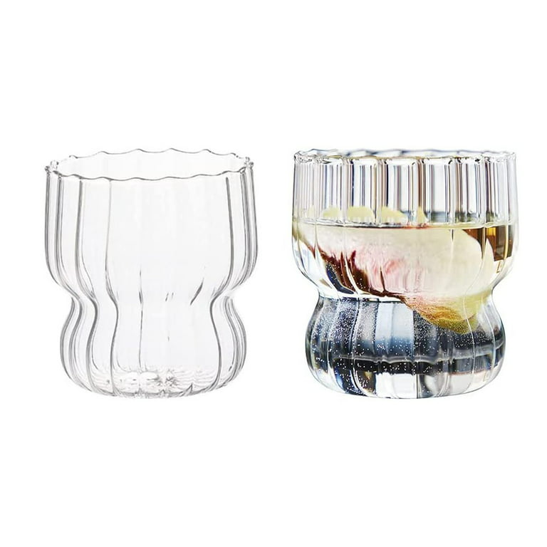 Ribbed Glass Cups,2 Pcs 9 oz Origami Style Glass Cups with 2 Ice Ball Molds,Vertical Stripes Ripple Drinking Glasses Set,Wave Shape Ribbed Glassware