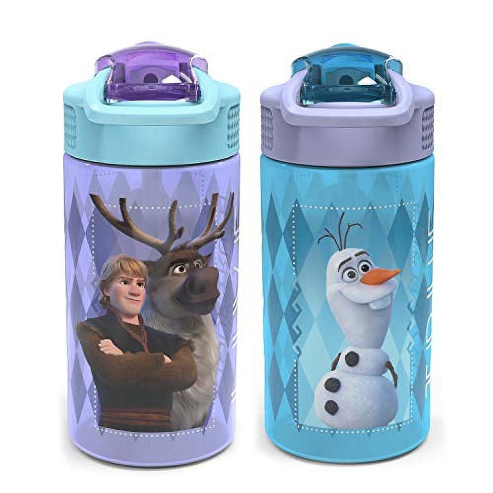 Zak Designs 2pc 16 oz Disney Frozen 2 Movie Kids Water Bottle Plastic with Easy-Open Locking Spout Cover for Travel, Anna and Elsa