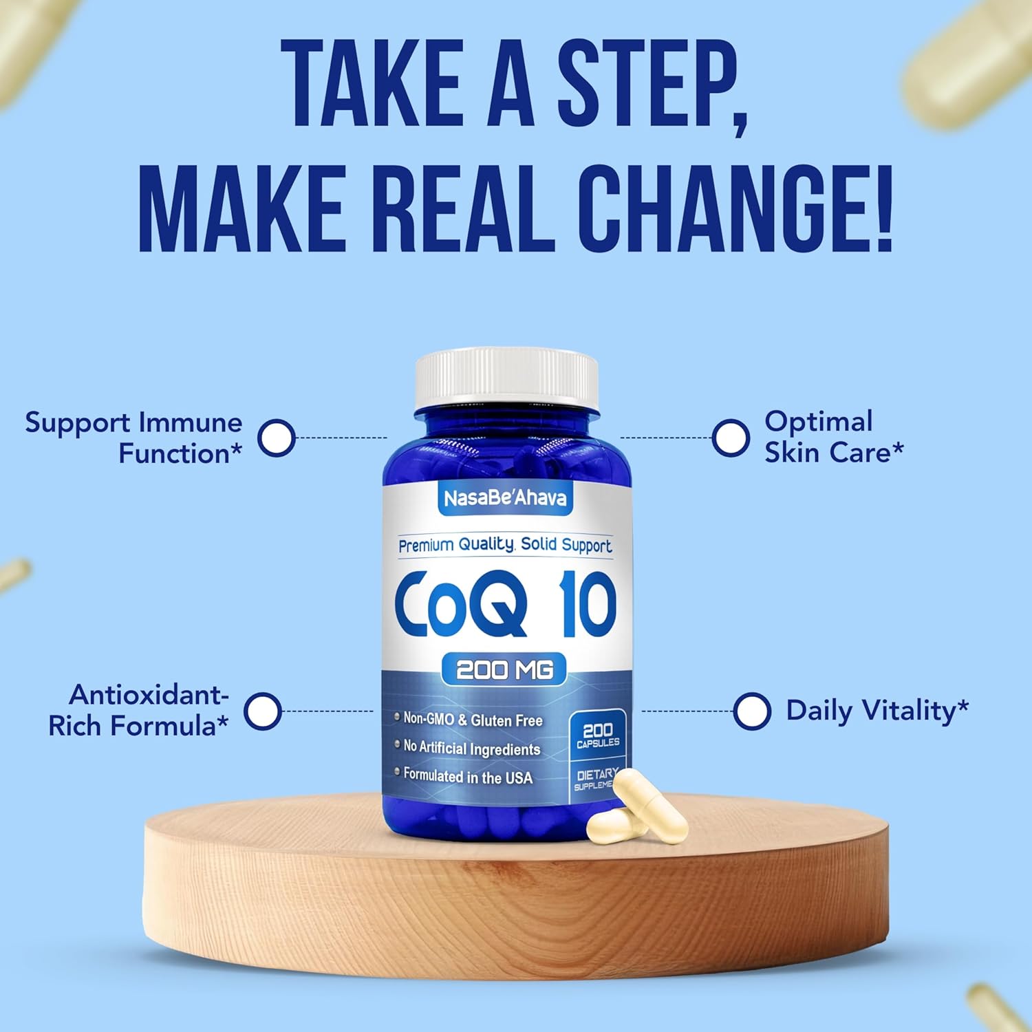 NasaBeahava CoQ10 Supplement, Vegan Coenzyme Q10 for Skin, Heart & Energy, 200mg, 200 Capsules