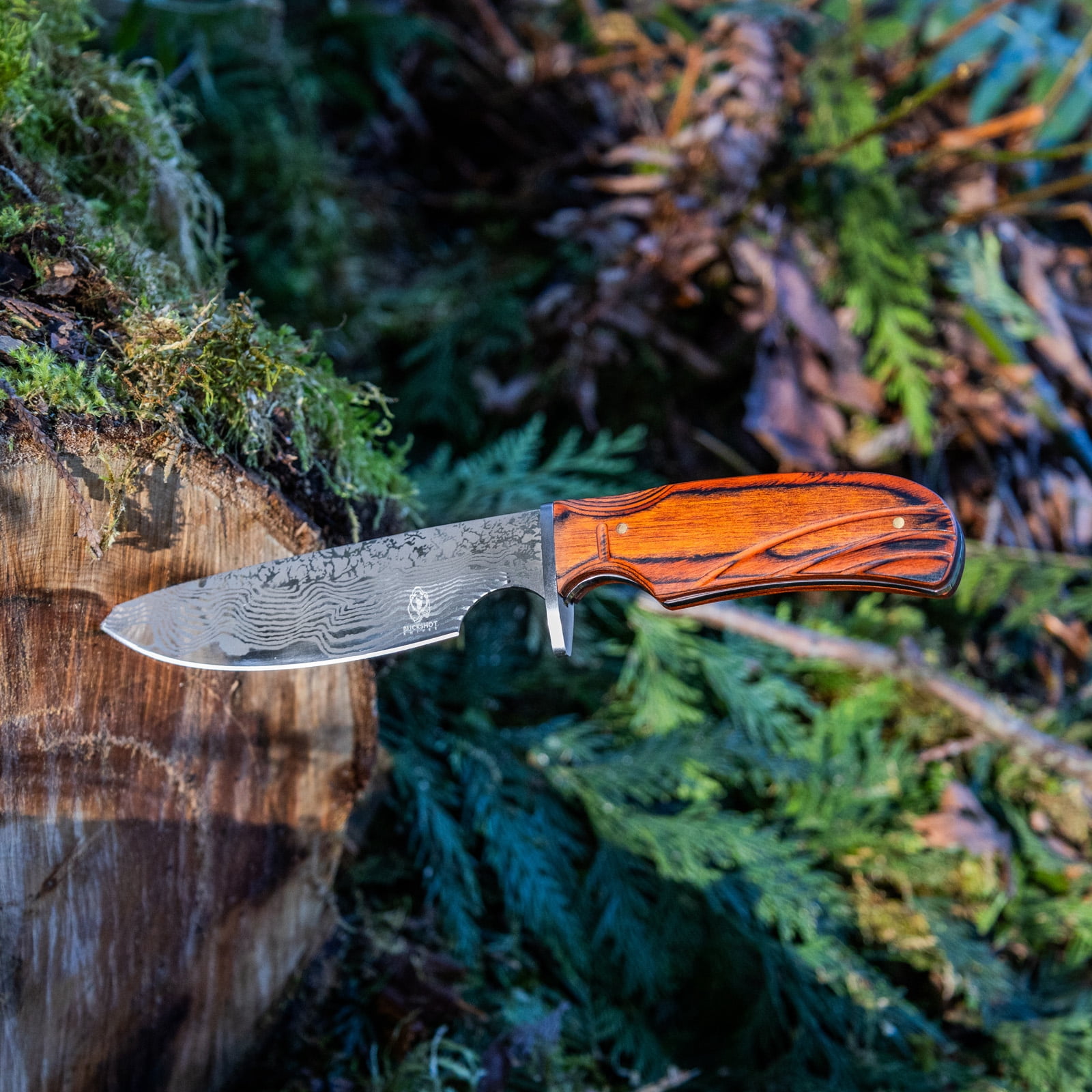 ASR Outdoor 10 Inch Full Tang Hunting Knife Wooden Handle Damascus Etched Design