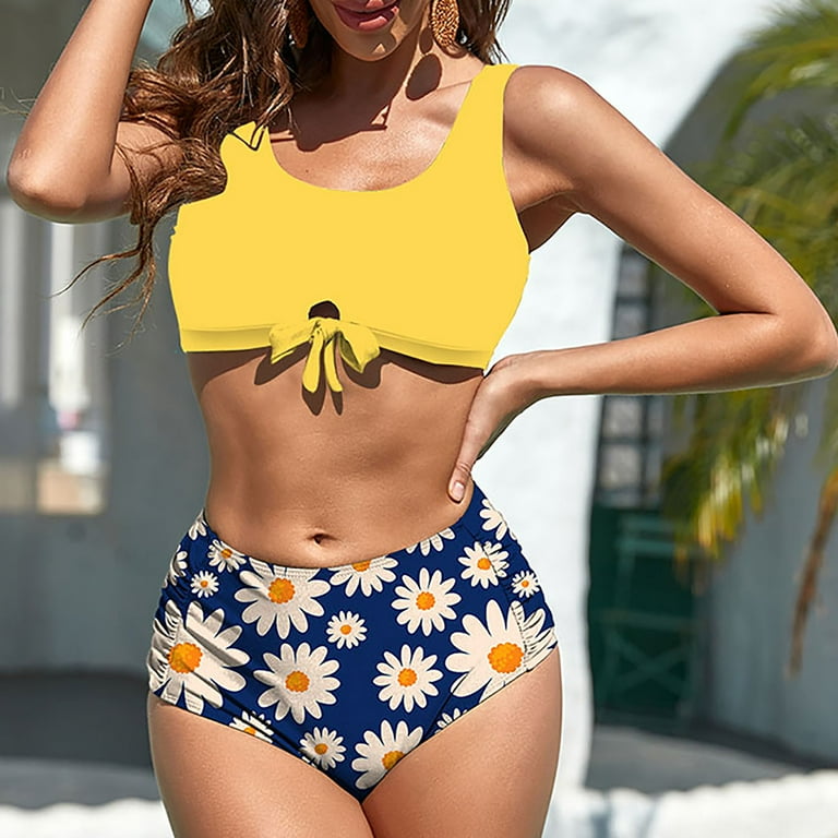 RQYYD Reduced Women Front Bow Cutout Bikini Sets Push Up High Waisted  Swimsuits Floral Print 2 Piece Bathing Suit(Yellow,XXL)