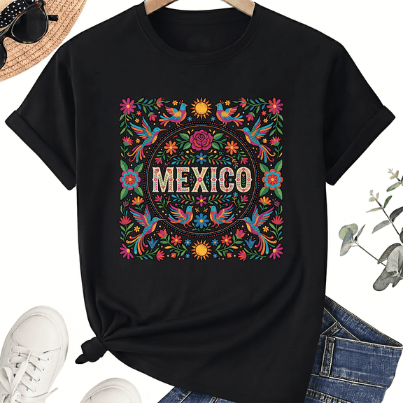 Unisex Mexico Folk T-Shirt, Floral Square Graphic, 100% Cotton Short Sleeve Tee