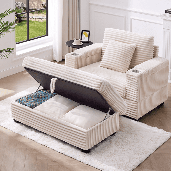 44" Modern Armchair with Storage Ottoman, Oversized Chaise Lounge for Living Room, Corduroy Fabric, Beige