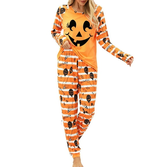 Rhuody Long Sleeve Pajamas For Womens Halloween Pjs Sets Jammies Pumpkin Prints Cozy Two Piece Outfit Fall Winter Homewear Nightwear Casual Clothing L Orange