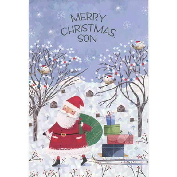 Pictura Santa Pulling Sled Stacked with Presents on Holographic Foil Snow Christmas Card for Son