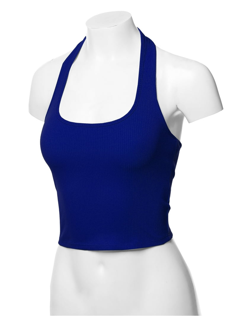 A2Y Women's Halter Neck Heavy Rib Rayon Spandex Crop Top Royal