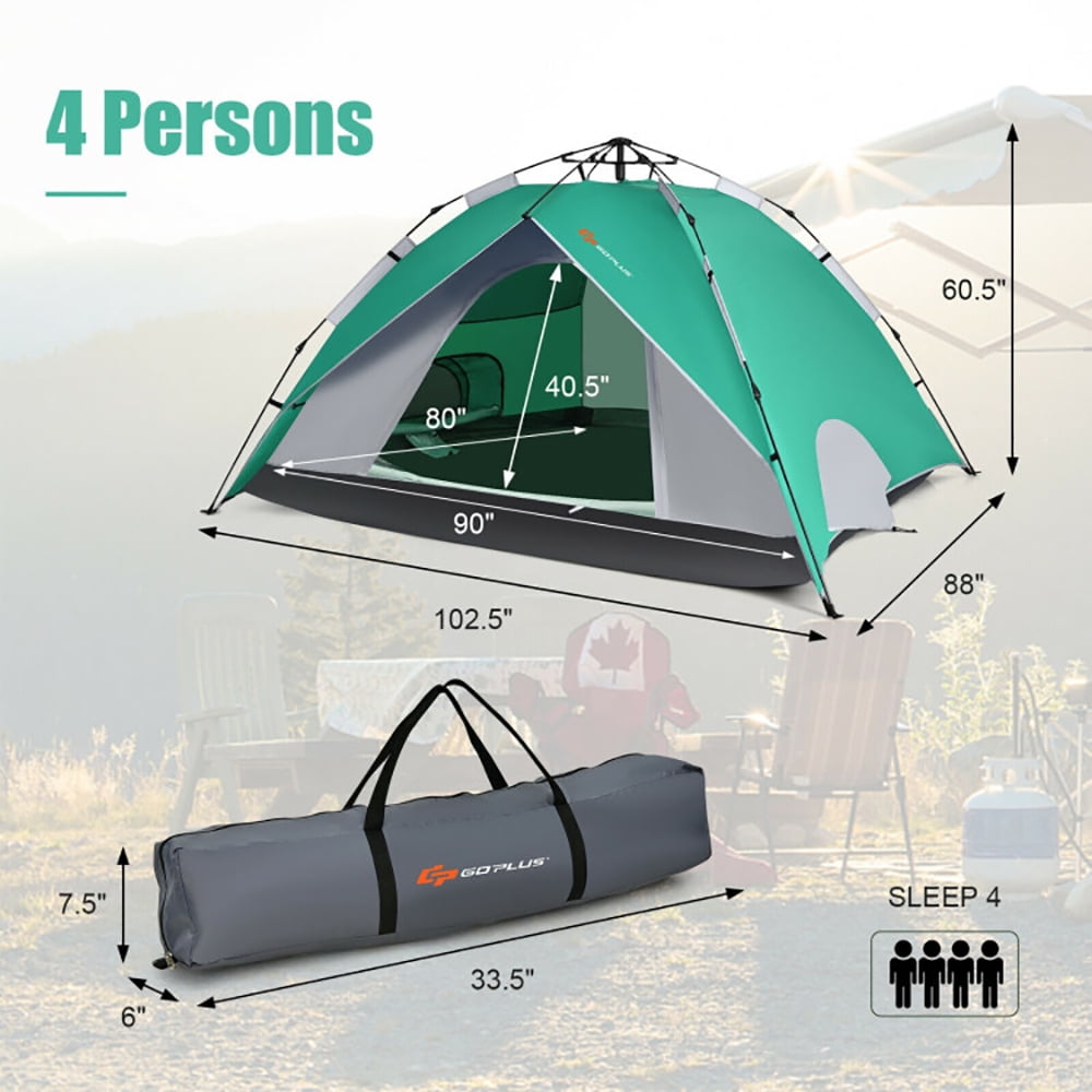 Aimee Lii 2-in-1 4 Person Instant Pop-up Waterproof Camping Tent, Easy Set Up Camping Tents Shelter, Green