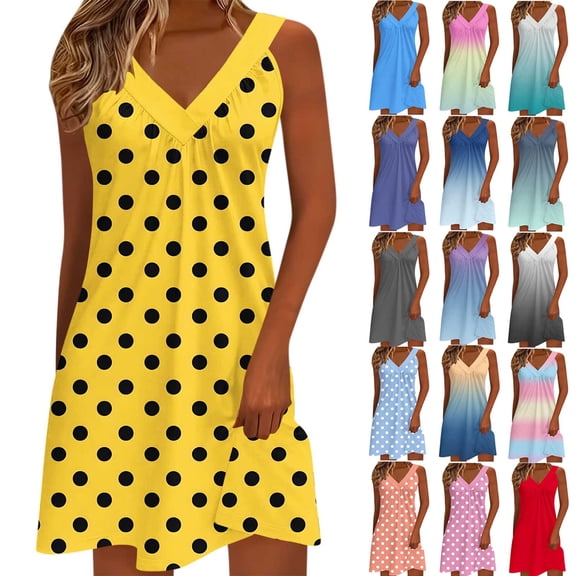 Smsaxvxz Summer Dresses for Women 2026 Fashion Polka Dot Print V Neck Sleeveless Casual Loose T Shirt Dress Tank Dress Sundresses