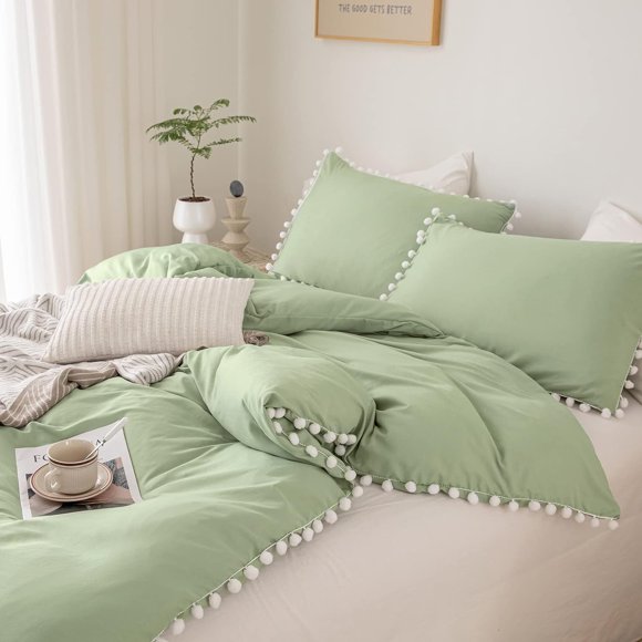 SURJDE Green Twin Bedding Set Aesthetic Bedding Duvet Cover Cute Pom Pom Fringed 2 Pcs Sage Green Comforter Cover Set 1 Boho Duvet Cover 2 Pillowcases (Sage Green,Twin)