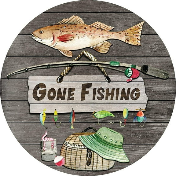 Round Metal Tin Sign Rustic Wall Decor Fishing Wreath Sign,Gone Fishing Sign Metal Round Tin Signs Decor Wall Art Posters Gifts for Door Plaque Home Bars Clubs Cafes, 12x12 Inch