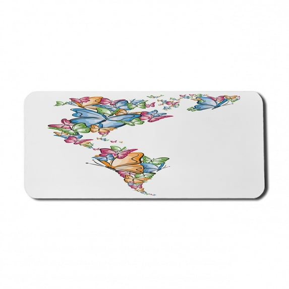 Wanderlust Computer Mouse Pad, North South America World Map Silhouette with Butterfly Illustration, Rectangle Non-Slip Rubber Mousepad X-Large, 35" x 15", Blue Pink Pale Orange, by Ambesonne