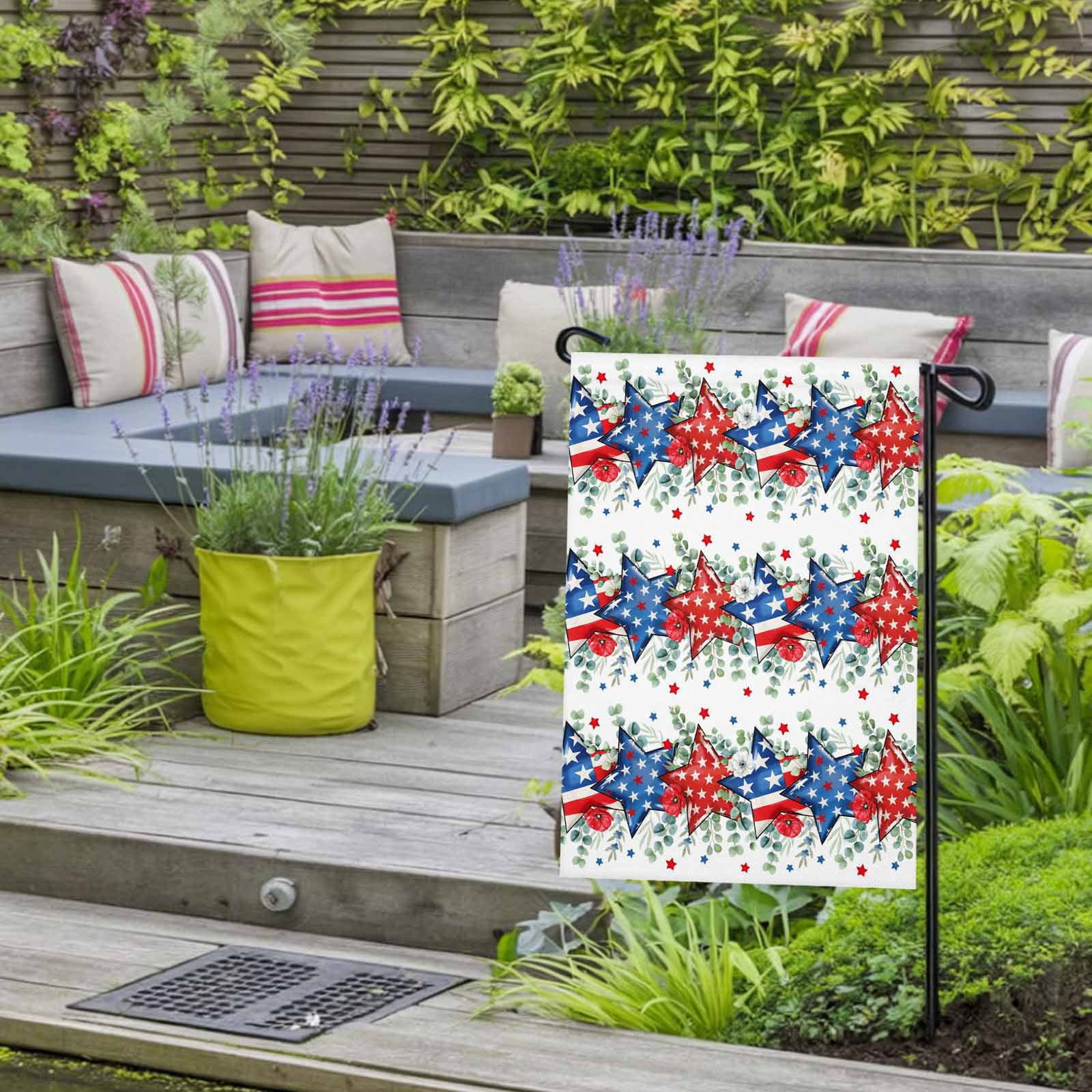 4th of July Garden Flags Patriotic Star Poppy Garden Flag Double Sided Welcome Flag Eucalyptus Leaves USA Flag Independence Day Yard Flags for Outdoor Lawn Porch Memorial Day Decor 28x40 Inch