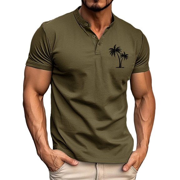 Rggeeun Men'S T-Shirt Solid Color & Stylish Small Coconut Tree Print Short Sleeve Collar Henley Buttons For Outdoor Play Comfort Tops,Army Green,L
