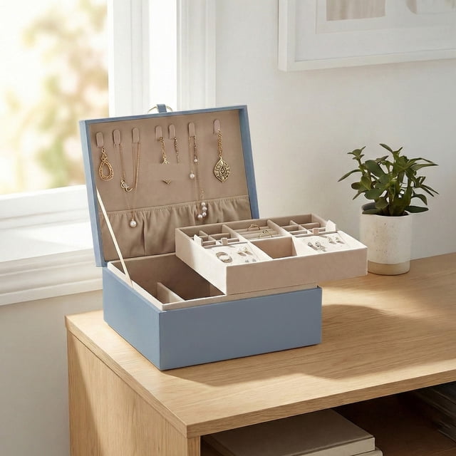 SONGMICS Caja Joyero, Estuche de Joyas con 2 Capas, con Asa, Bandeja Flexible, 20.5 x 24 x 11 cm, Azul Nublado