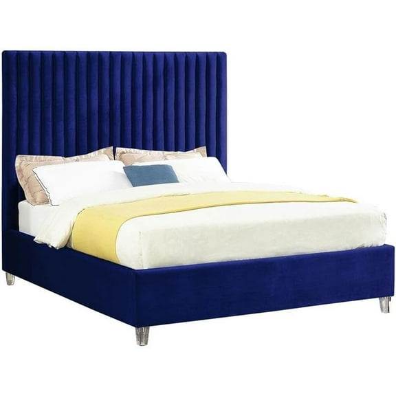 Maklaine Contemporary Solid Wood Tufted Velvet Queen Bed in Navy
