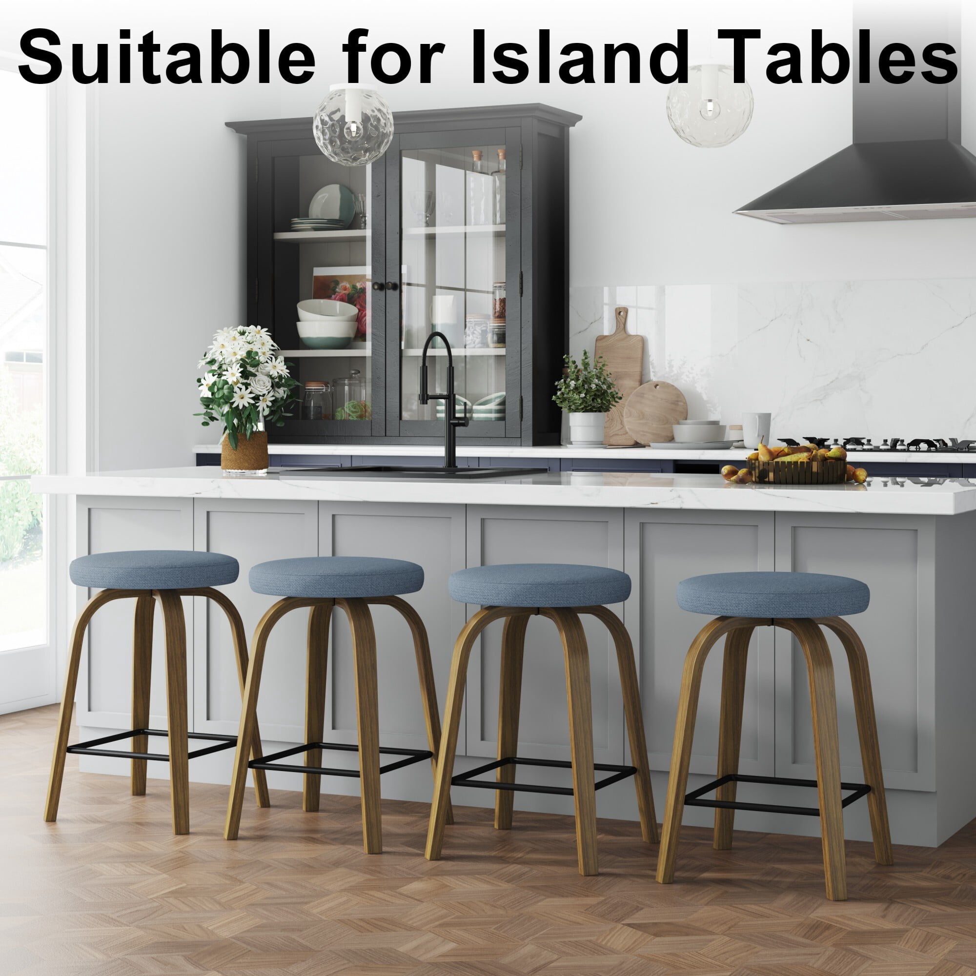AENKYO 30" Swivel Bar Stools Set of 2, Bar Height Stools for 38"-44" Tall Tables, Fabric Upholstered, Blue